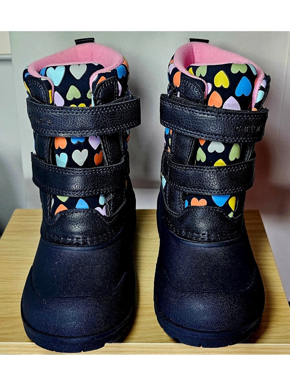 Carter’s Girls Snow Boots Size 10M Black Multicolor Hearts Pink Hook & Loop
